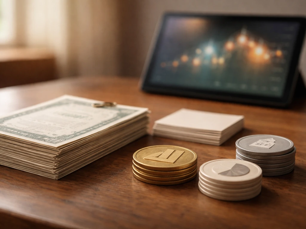 Minimal desk scene with stacked bond certificates and neutral investment objects under natural light.