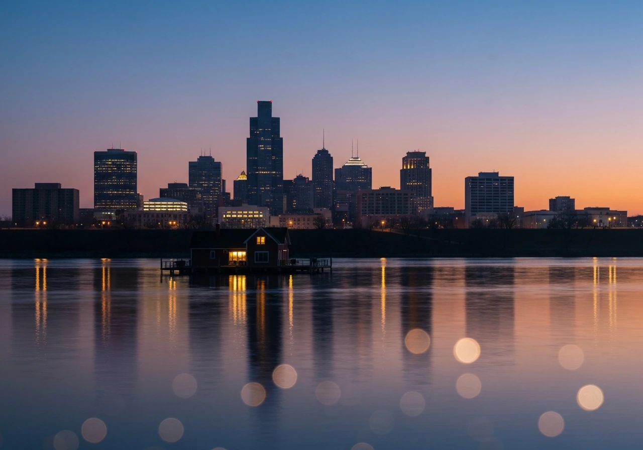 Dusk Kansas City skyline with a calm river and faint coin-like reflections, hinting at wealth.
