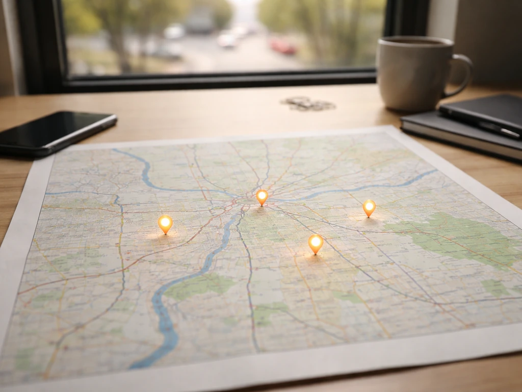 Minimal Kansas City metro map with a few glowing Merriman pins showing location ambiguity