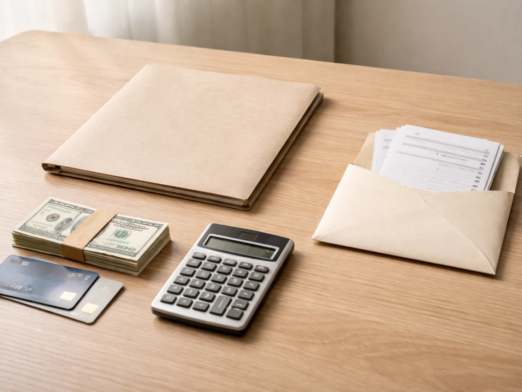 Close-up of a tidy desk with a calculator, cash, and a folder symbolizing assets minus liabilities.