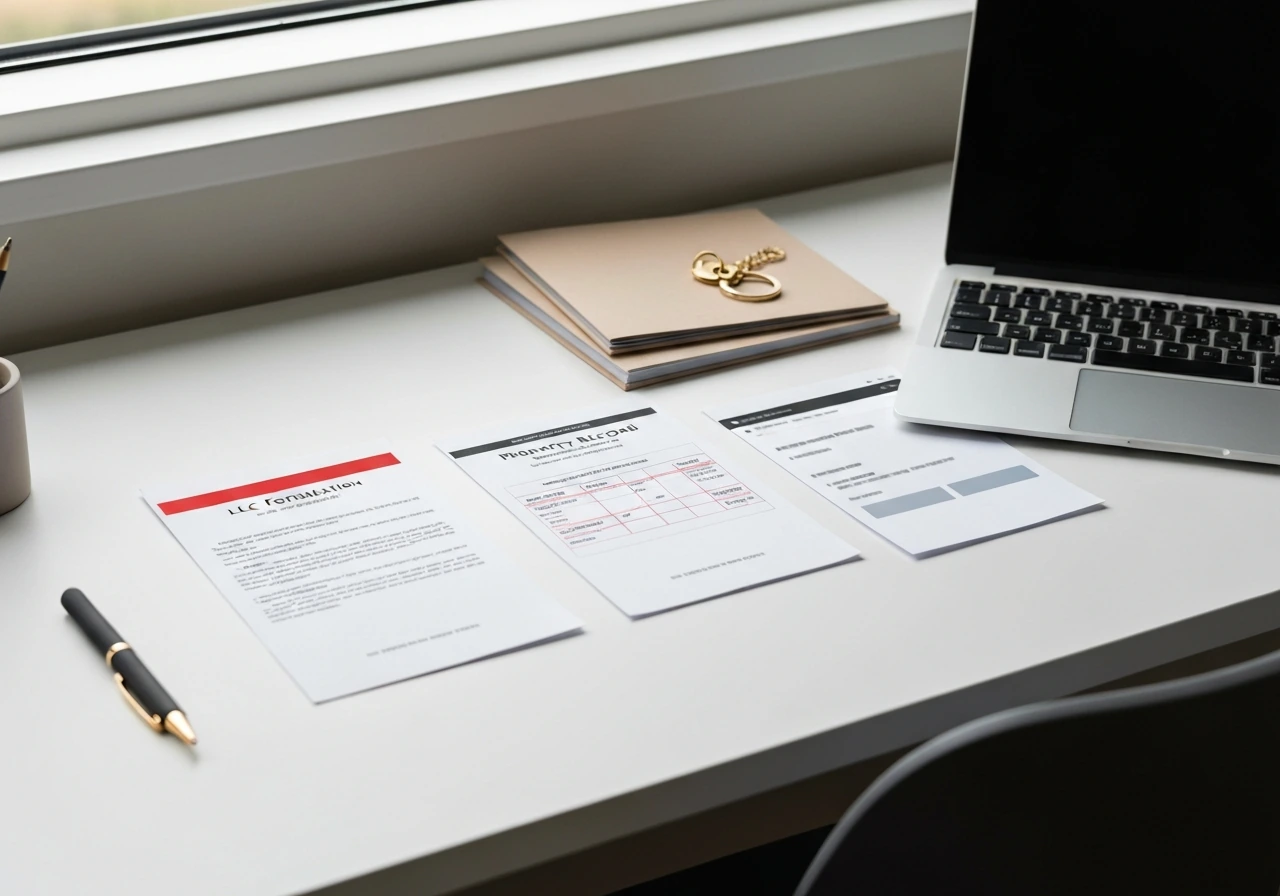 Minimal desk scene with blurred public-record style thumbnails representing document-based net worth triangulation