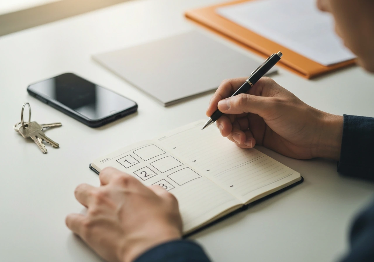 Minimal desk setup with a notebook of numbered checklist tiles about confirming identity and validating sources.