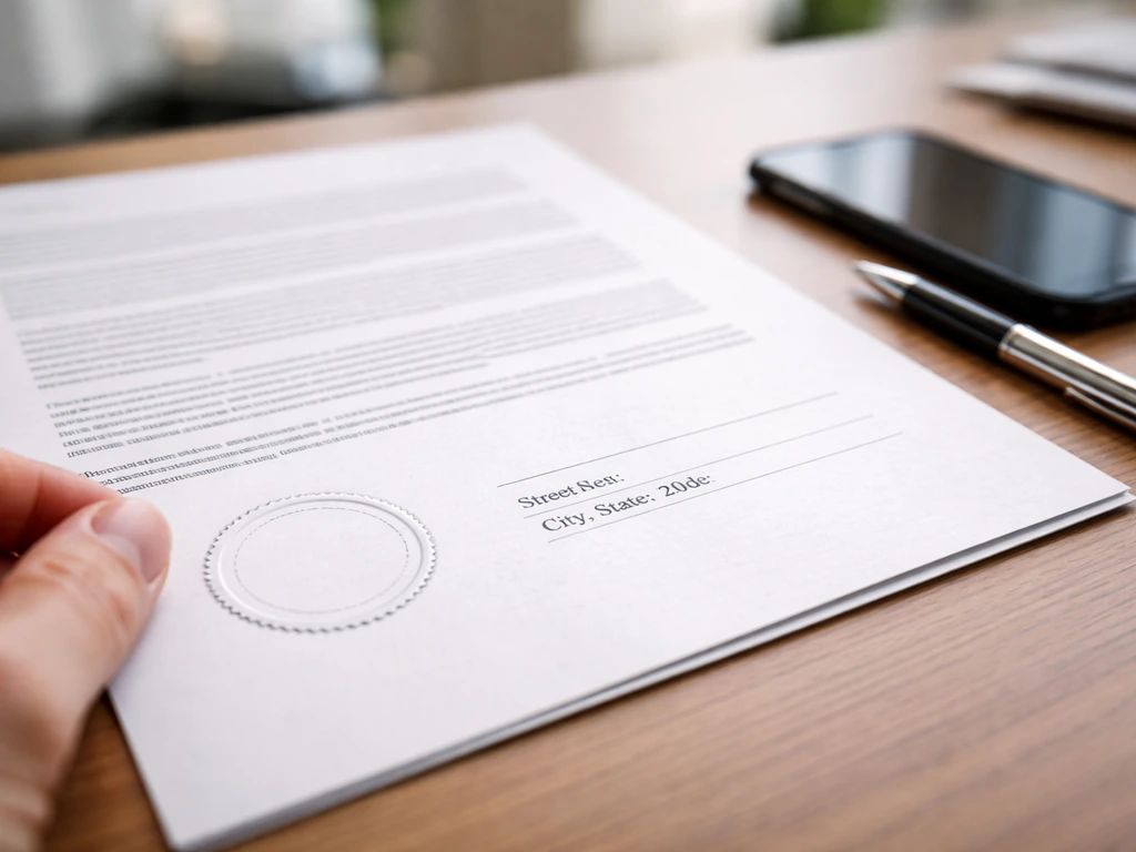 Close-up of an identity-checked business document with a seal and address line on a desk.
