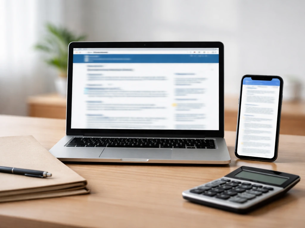 Minimal desk with laptop and phone showing blurred finance/registry reference pages.