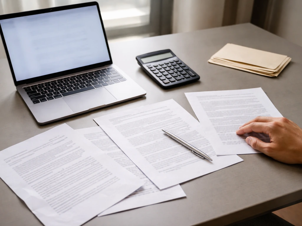 Minimal office desk scene with scattered papers, a calculator, and a laptop showing blurred financial pages