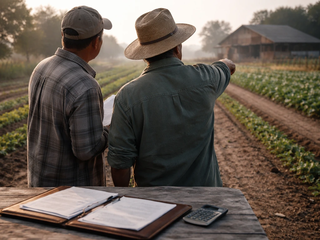 Anonymous farm workers with a clipboard near crops and a rustic barn, signaling family business and finances.