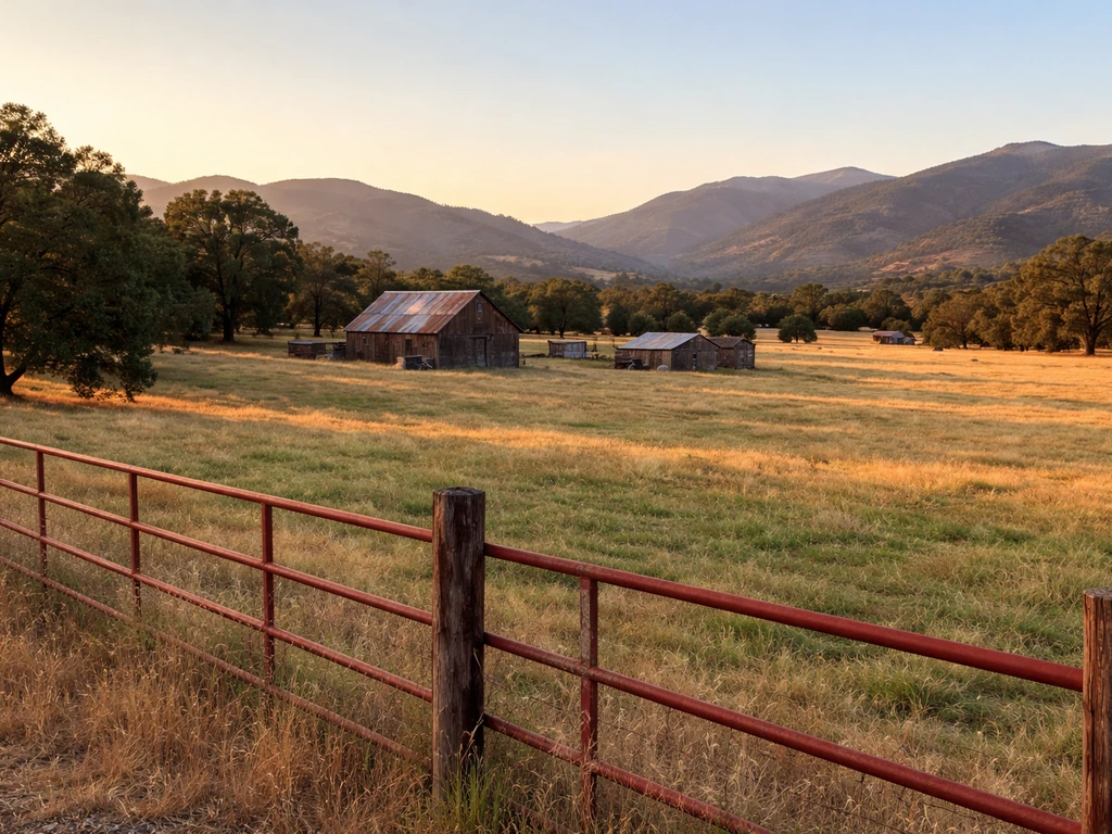 Rural Northern California ranch with pasture, fence, and a small weathered barn under clear skies.