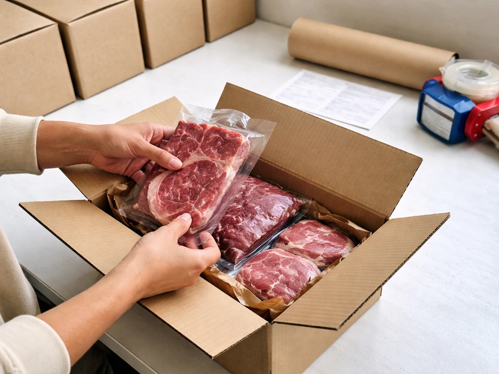Small DTC meat subscription fulfillment scene with neatly packed boxes ready for shipment
