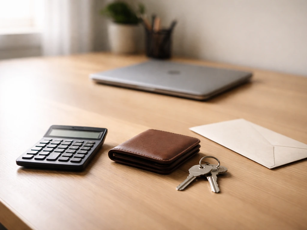 Minimal photo of a tidy office desk with a calculator, wallet, and keys symbolizing a net worth estimate range