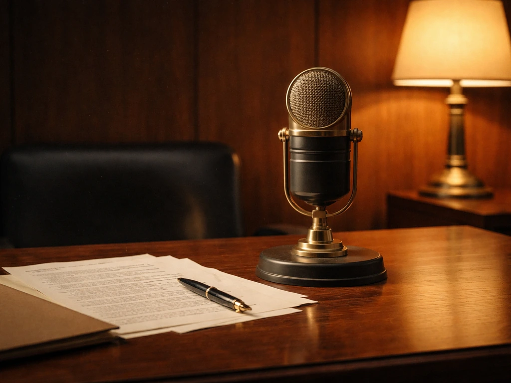 Vintage-style Hollywood study desk with radio microphone and scattered papers symbolizing media and fame.