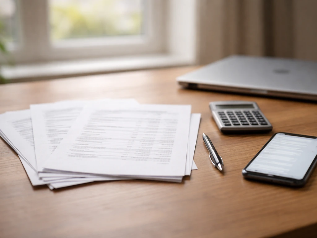 Minimal desk scene with printed papers and a smartphone showing vague finance notes