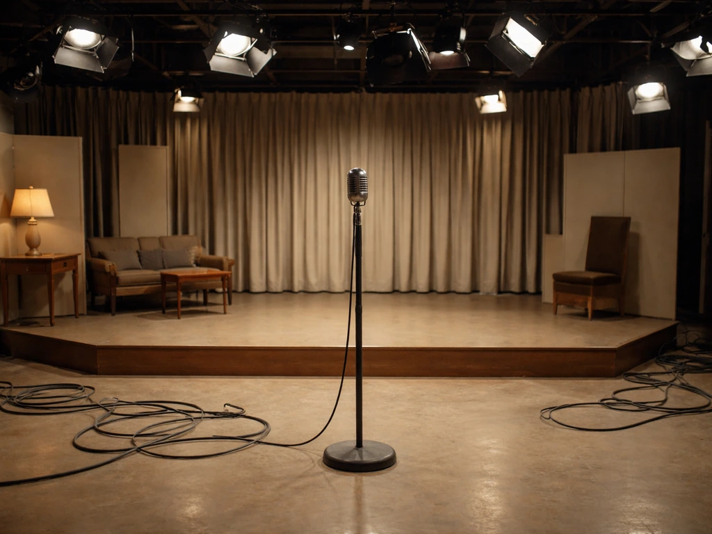 Vintage 1948 TV studio set with warm lights and a classic microphone on a simple stage