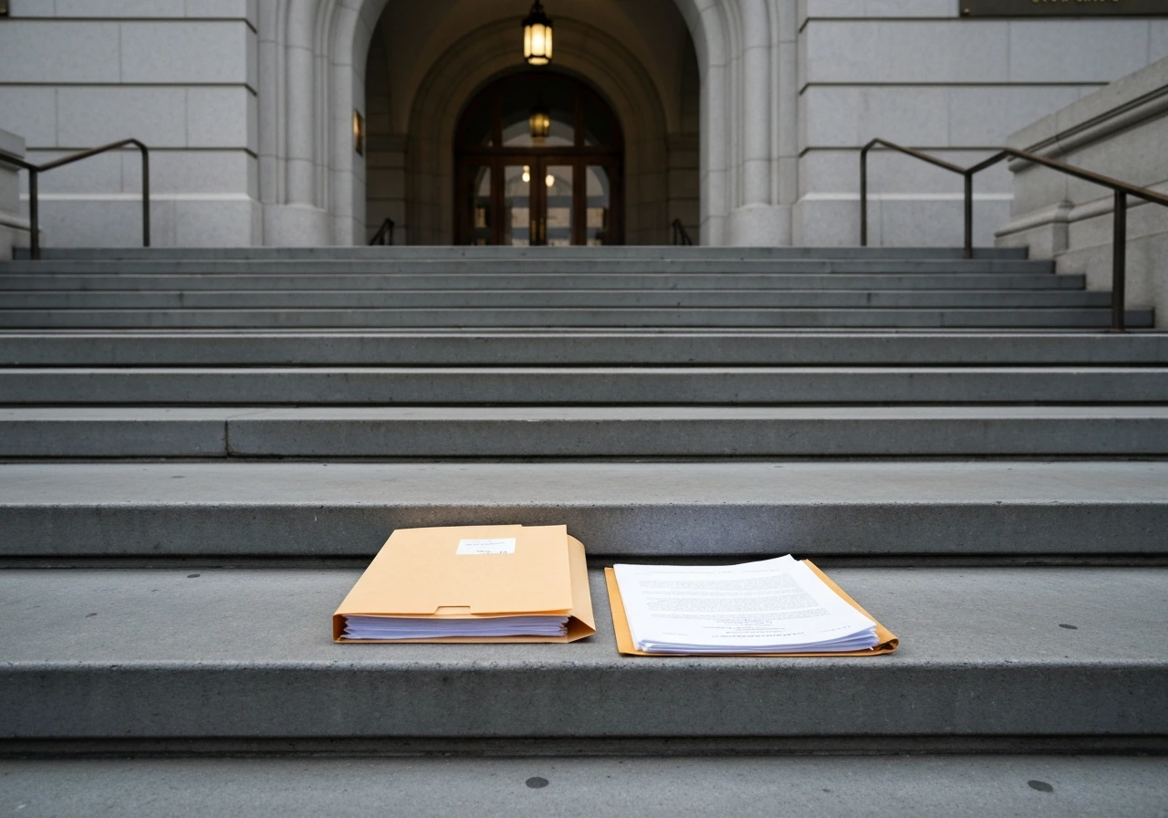 Manila legal folder on courthouse steps with an empty entrance behind it, symbolizing probate records research.