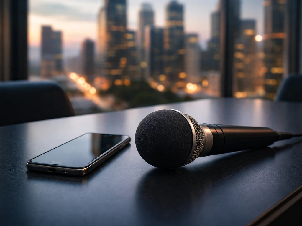 Close-up of a glossy microphone and a dark smartphone on a sleek desk beside a blurred city skyline