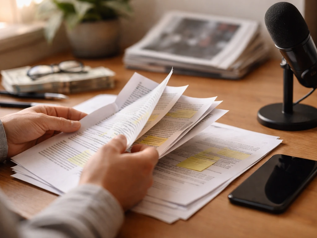 Hands reviewing printed pages beside a phone and microphone in a quiet home office, finance research vibe.