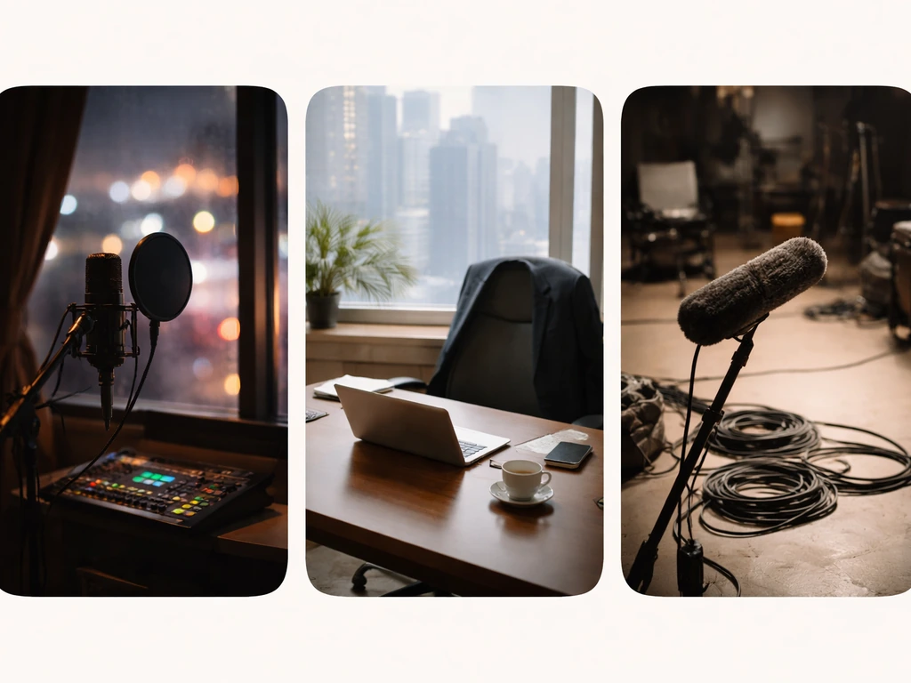 Three blurred thumbnail-style panels showing anonymous studio, office, and production-room scenes for Kenneth Ma disambi