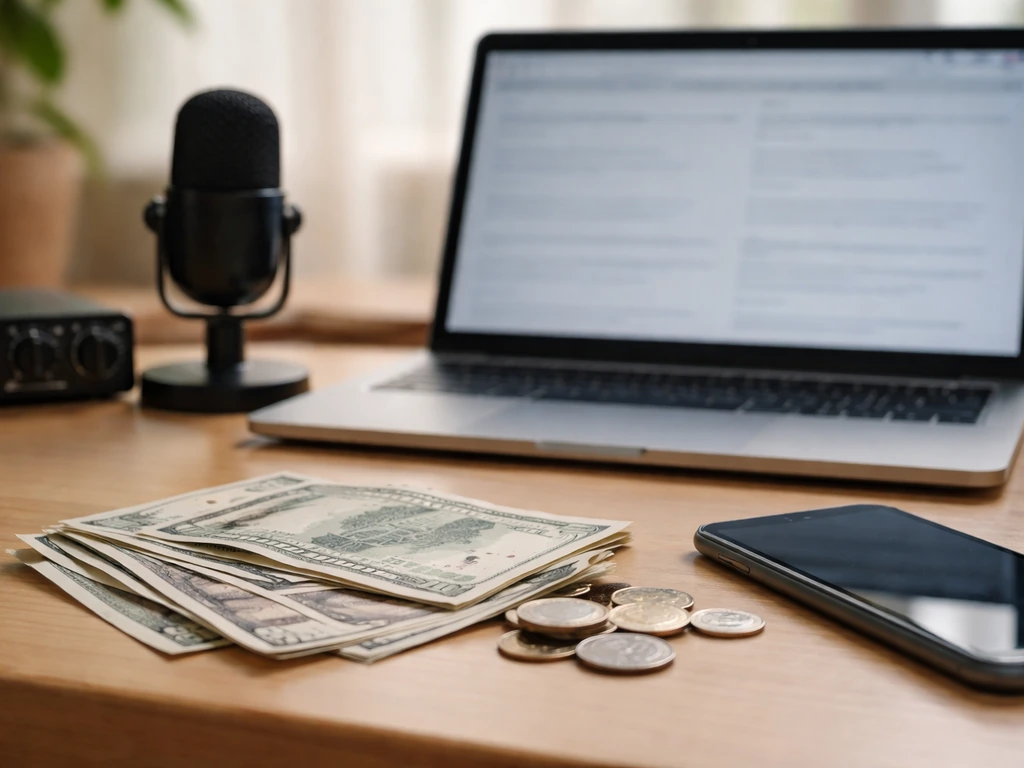 Minimal photo of a desk with scattered cash, a smartphone, and an open laptop showing financial pages blurred