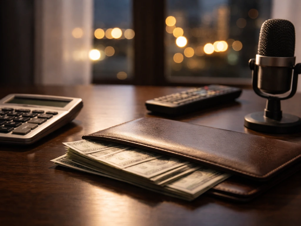 Minimal desk scene with calculator, bills, portfolio, remote, and small microphone suggesting wealth comparison