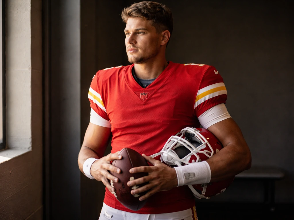 Quarterback in a Kansas City Chiefs uniform holding a football near a window, minimal locker-room background.