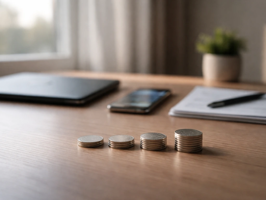 Minimal desk scene with coins and a blurred clock phone, symbolizing wealth growth over time.