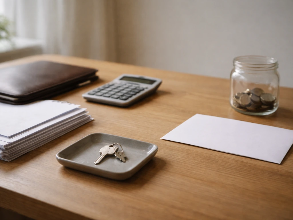 Minimal photo of a desk with a calculator and folder, symbolizing net worth calculations