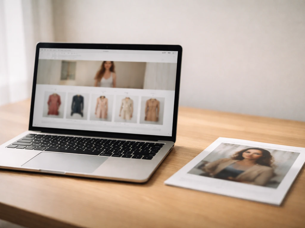 Minimal photo of a Shopify-style clothing brand storefront on a laptop beside a magazine-style press clip.