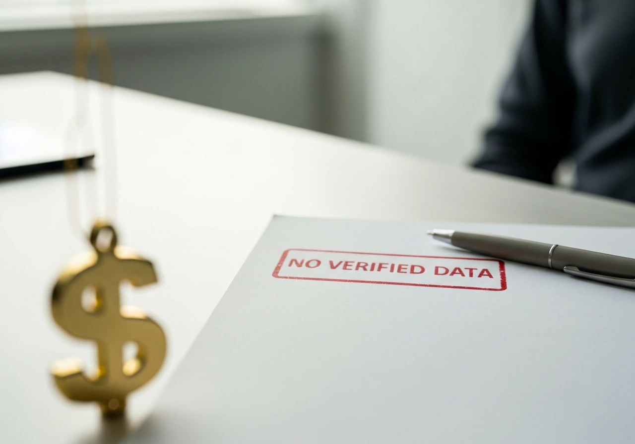 Minimal office desk with a blurred dollar sign prop and a red stamp on paper reading no verified data