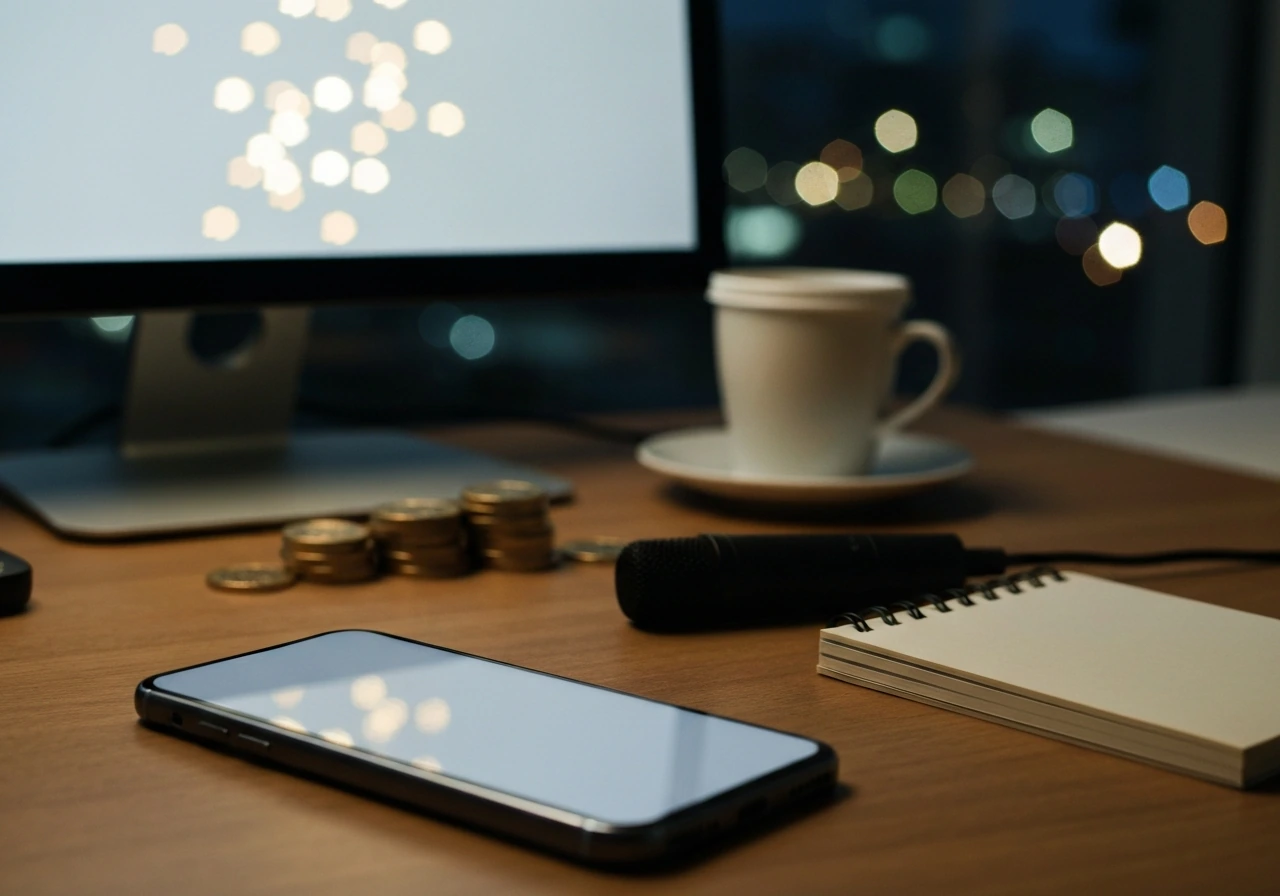 Close-up of a smartphone on a desk with a blurred monitor showing money-themed light reflections