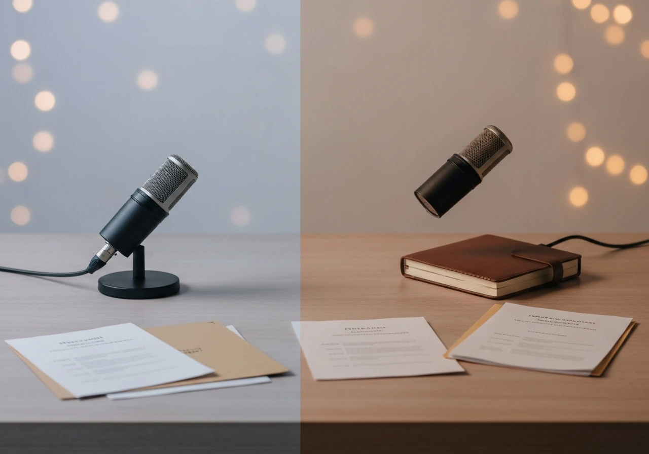 Minimal desk scene with blurred financial papers and a microphone, symbolizing real vs fictional profile comparison.