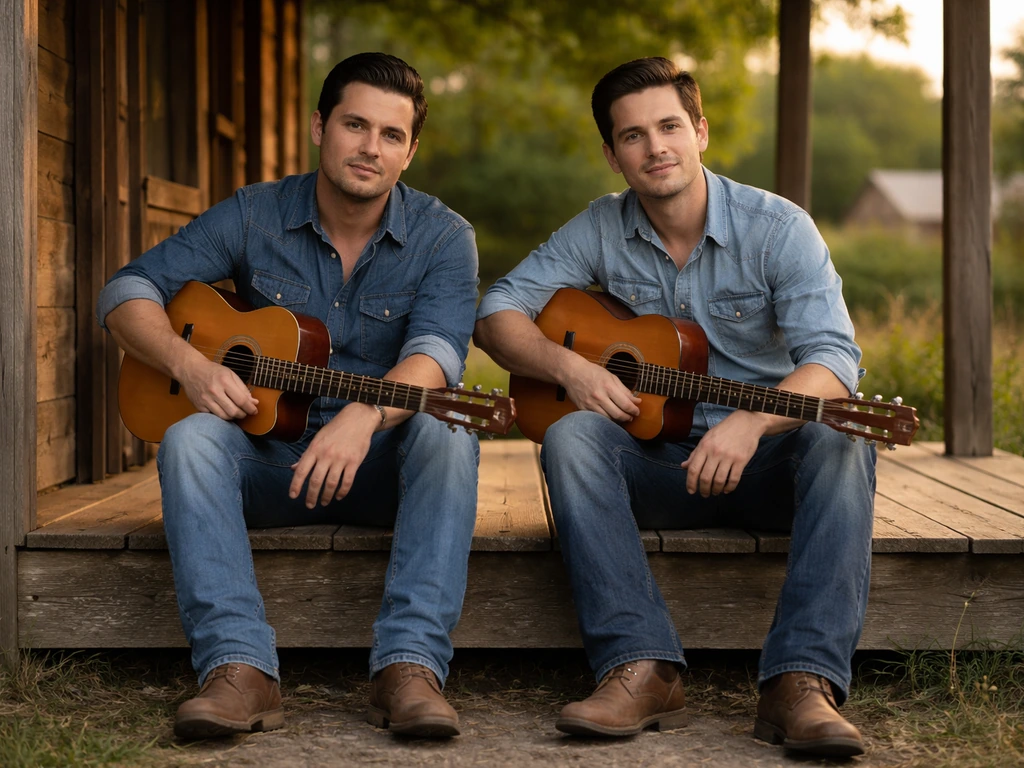 Two anonymous brothers in country attire seated on a porch with acoustic guitars in soft rural light.