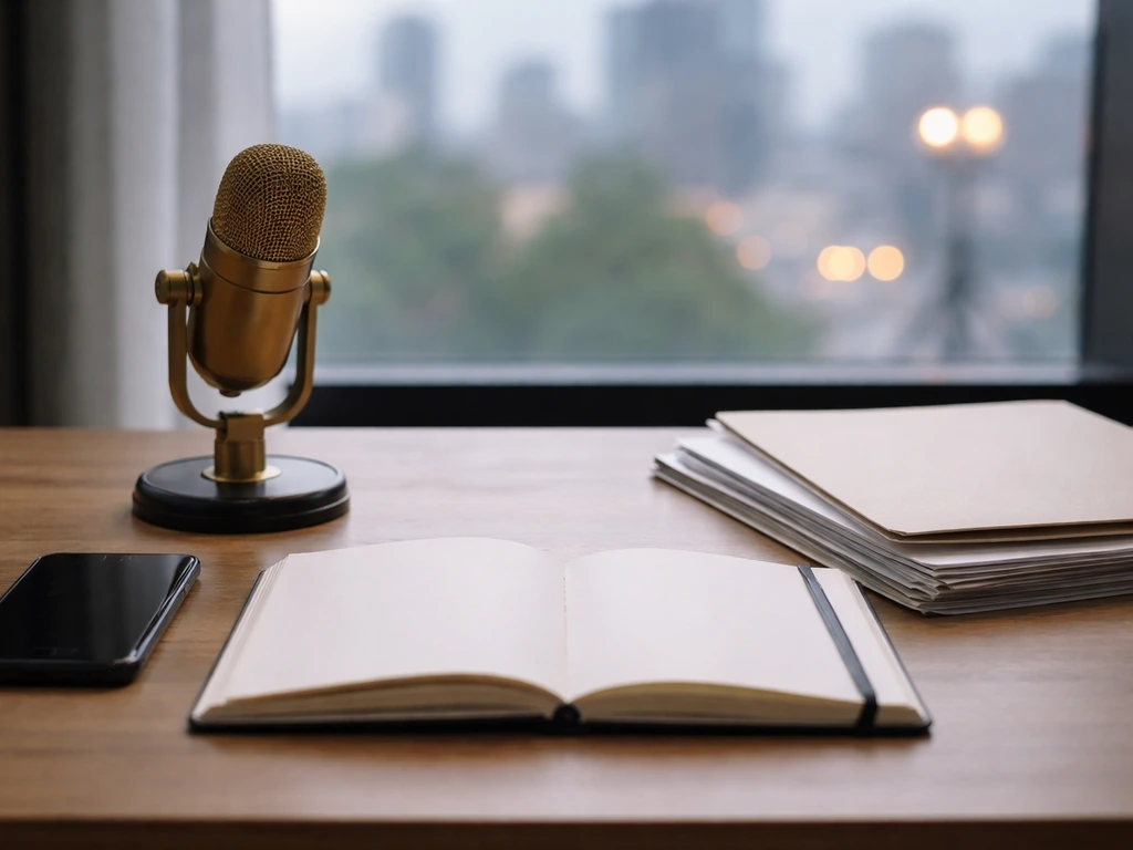 Close-up of a minimal media-and-finance desk with microphone and blank documents, symbolizing net worth breakdown.