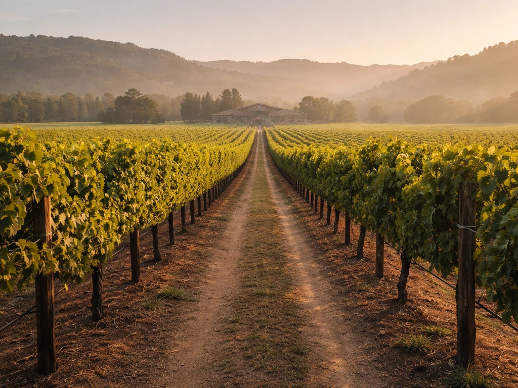 Napa Valley vineyard rows at golden hour with a distant winery building, evoking the Mondavi legacy