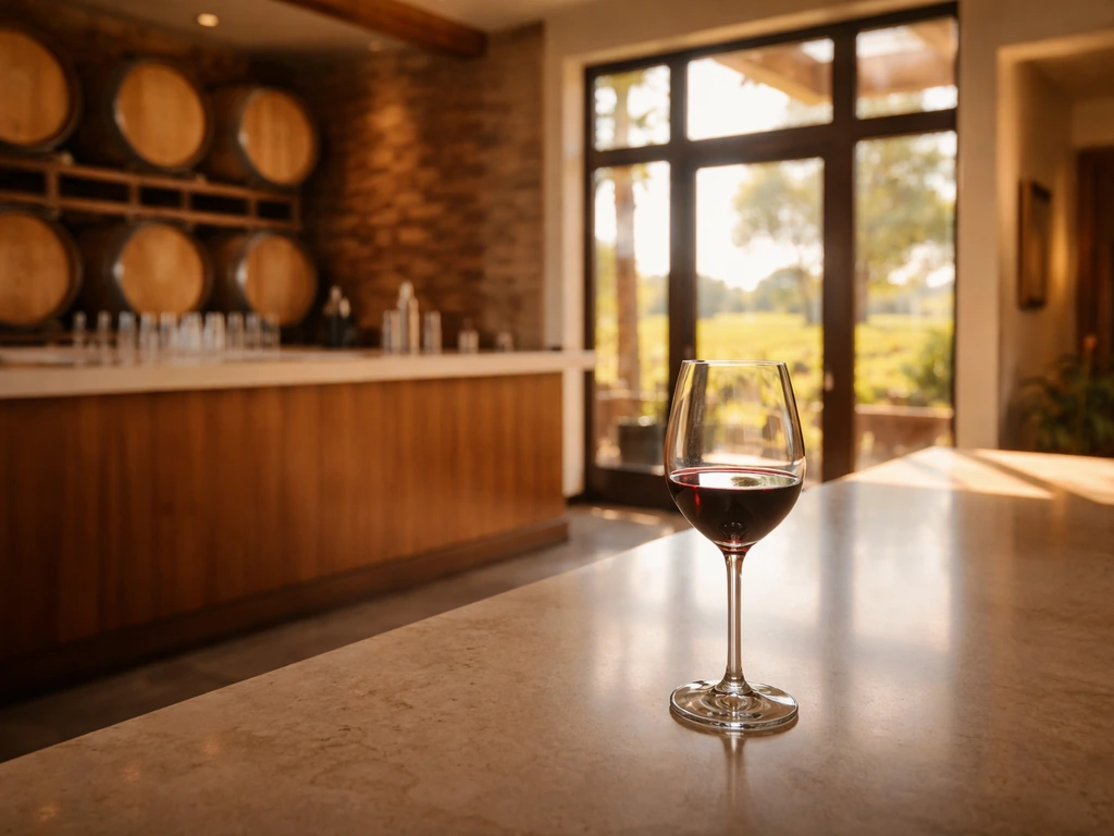 Red wine glass in a quiet Napa winery tasting room with barrels and vineyards outside.