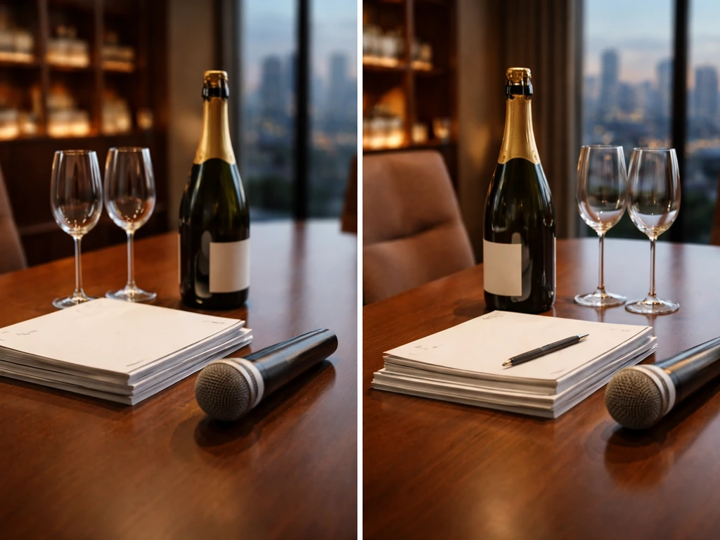 Minimal two-panel photo of wine, documents, and a microphone on a luxury table, symbolizing wealth estimates.