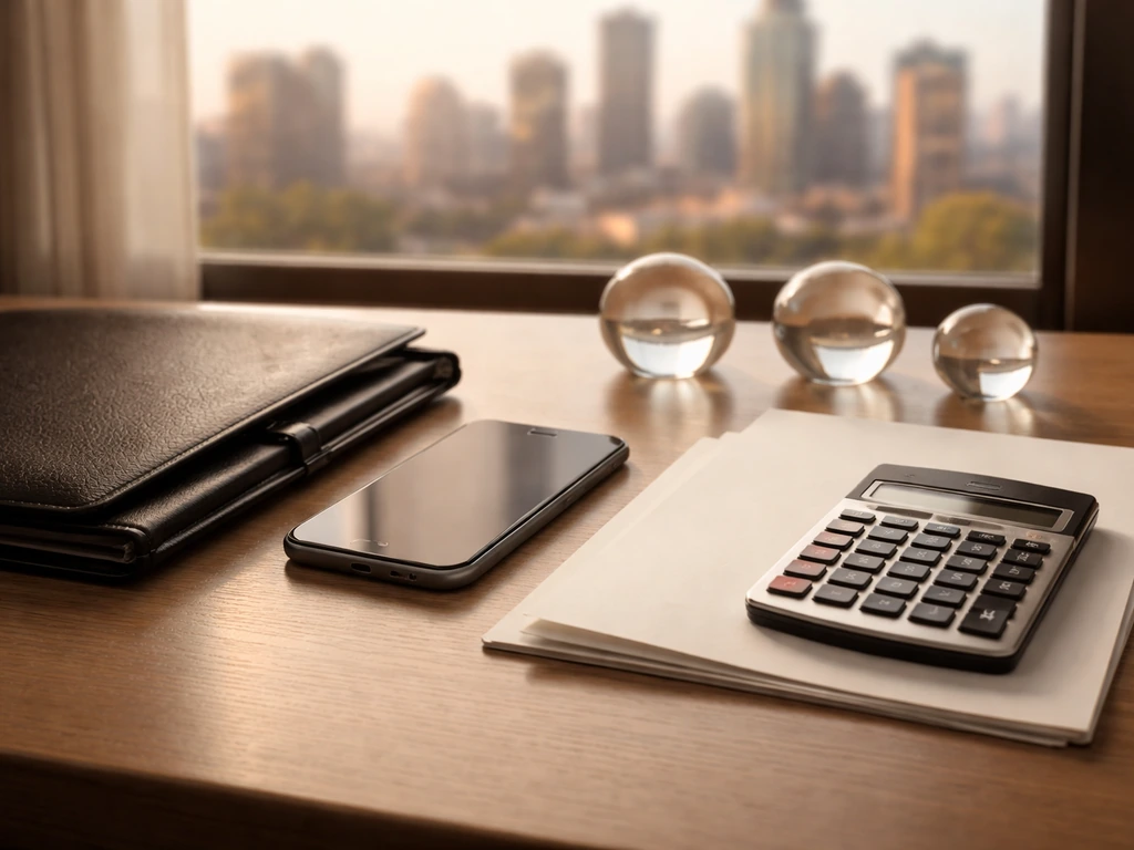 Desk with calculator and papers beside a city window, symbolic items suggesting valuation and transactions.