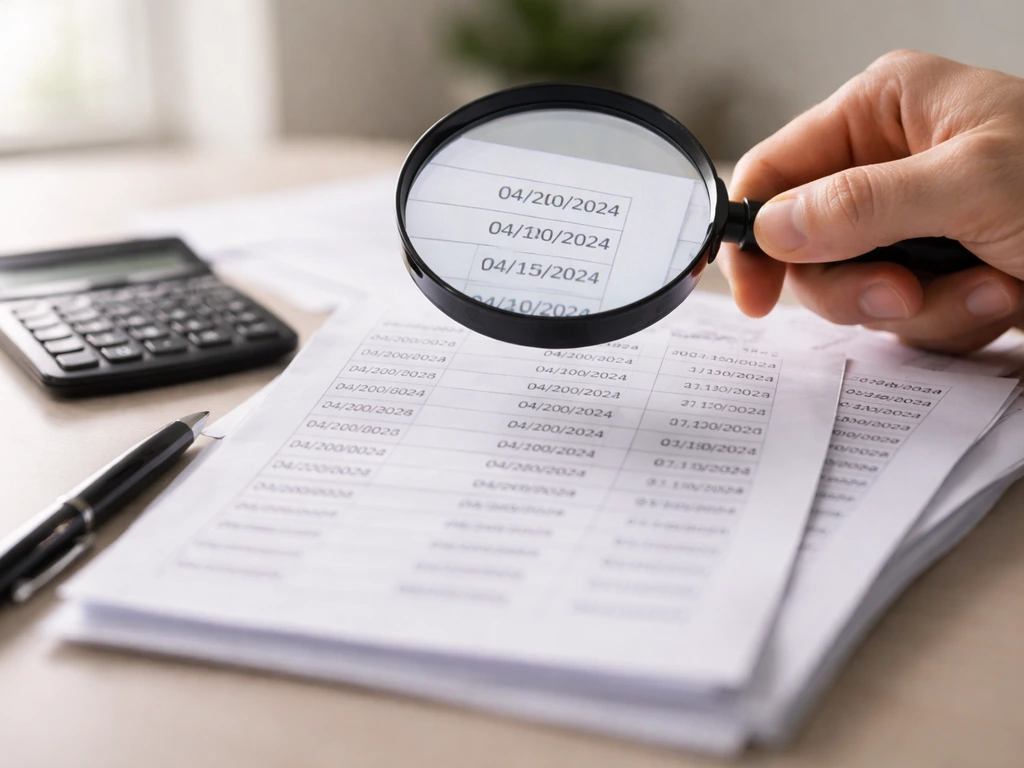 Close-up of a hand holding a magnifying glass over dated documents beside a calculator in a quiet office.