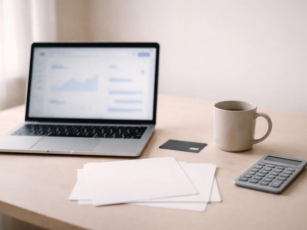 Minimal photo of a tidy desk with laptop, bank card, and scattered papers symbolizing varying net-worth estimates
