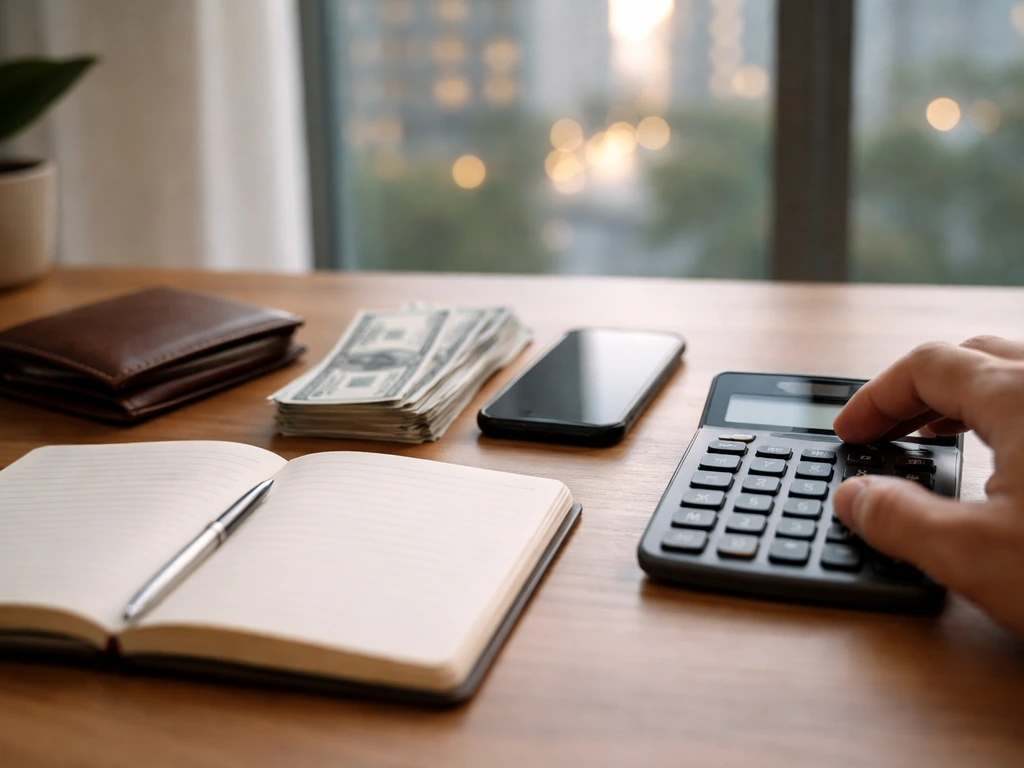 Minimal desk scene with cash, wallet, calculator, and blank notebook symbolizing net worth assets and omissions