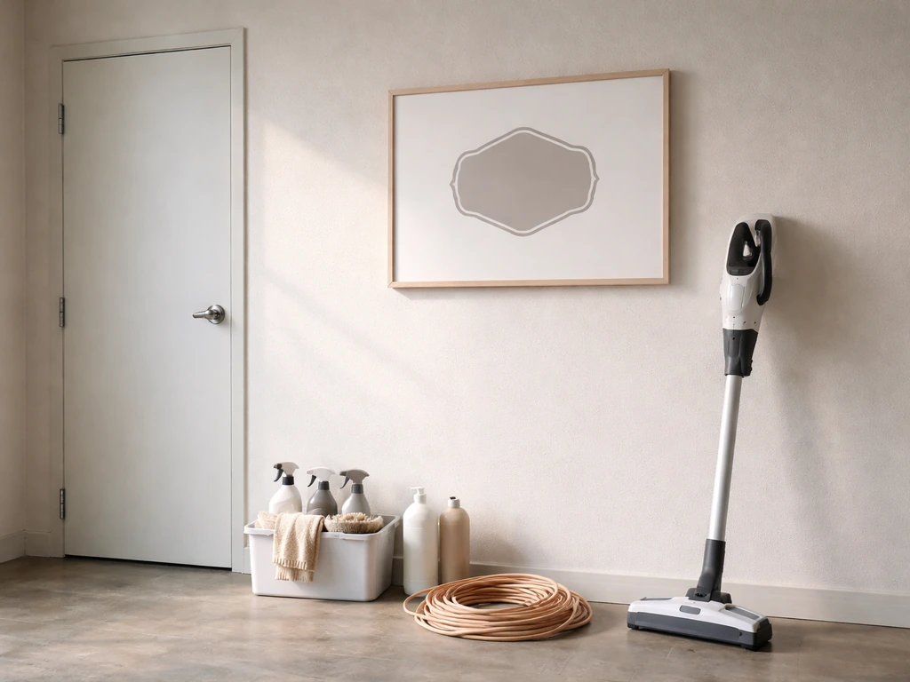 A clean, minimal shot of a workshop wall with Midwest Magic Cleaning branding elements and supplies