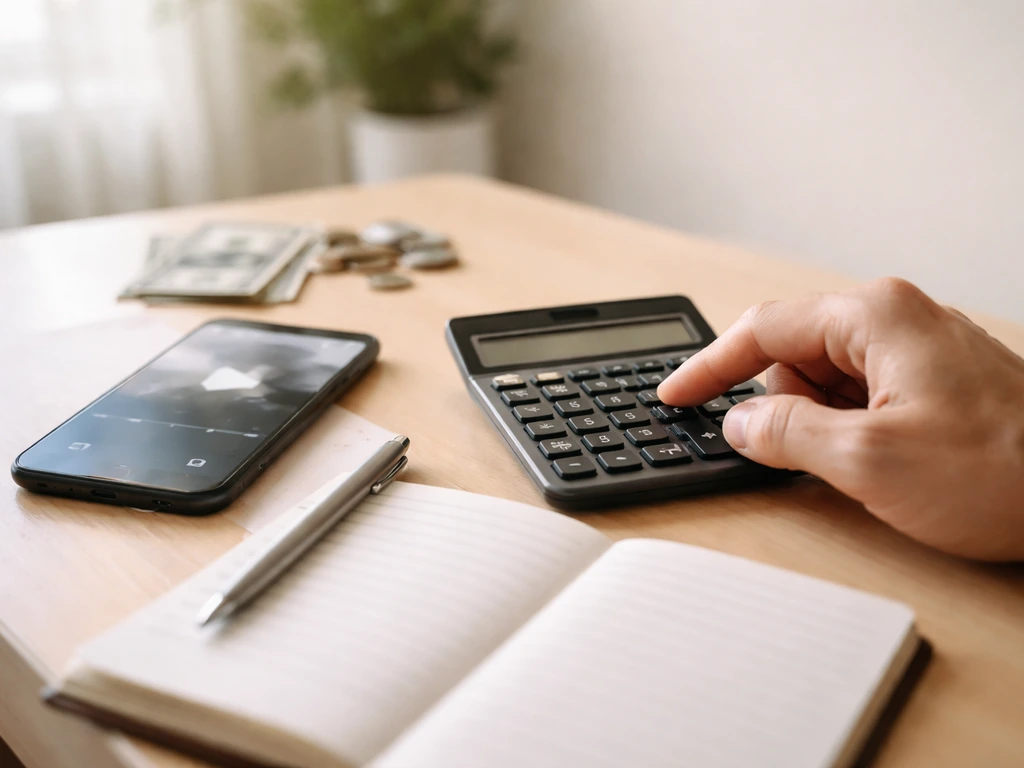 Close-up of a calculator beside a phone showing a blurred video thumbnail, with a notebook and pen for revenue planning.