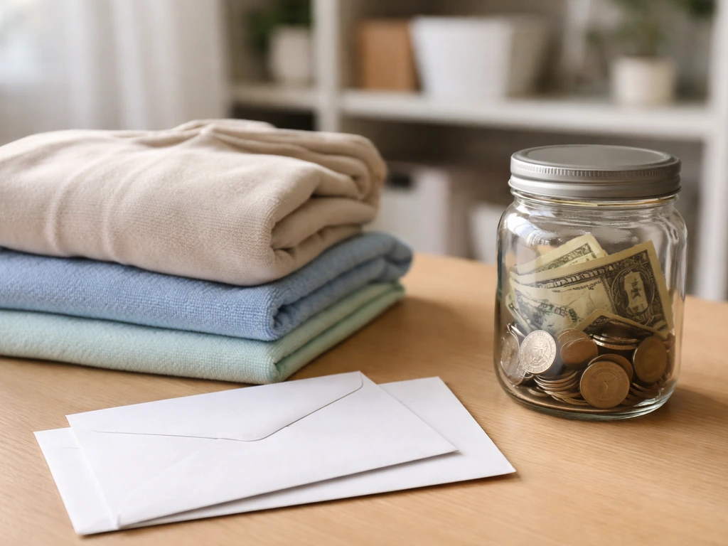 Close-up of neatly stacked branded cleaning-themed merch and a donation-style envelope on a desk