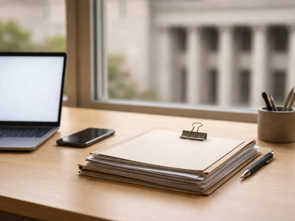Minimal desk with laptop and paperwork suggesting public business research signals, no readable text.