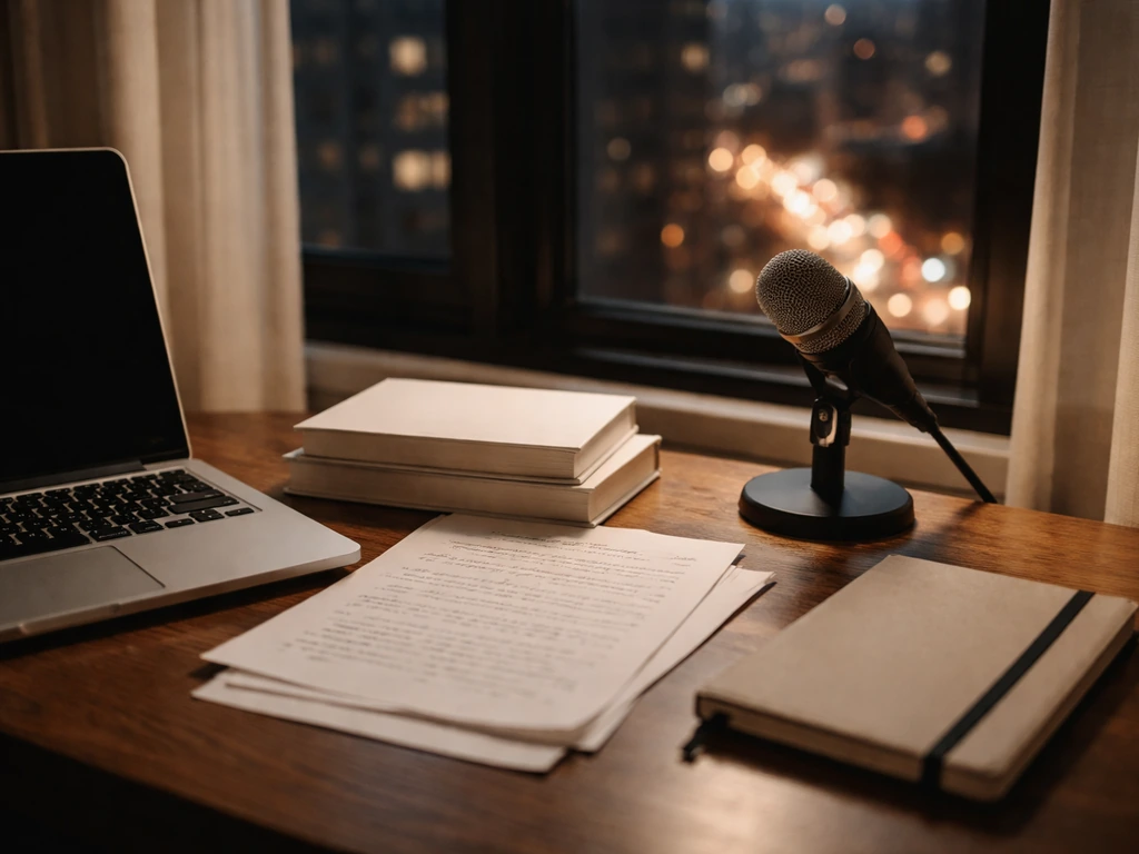 A minimal writer’s desk with books, notes, and a studio microphone, city lights softly blurred outside.