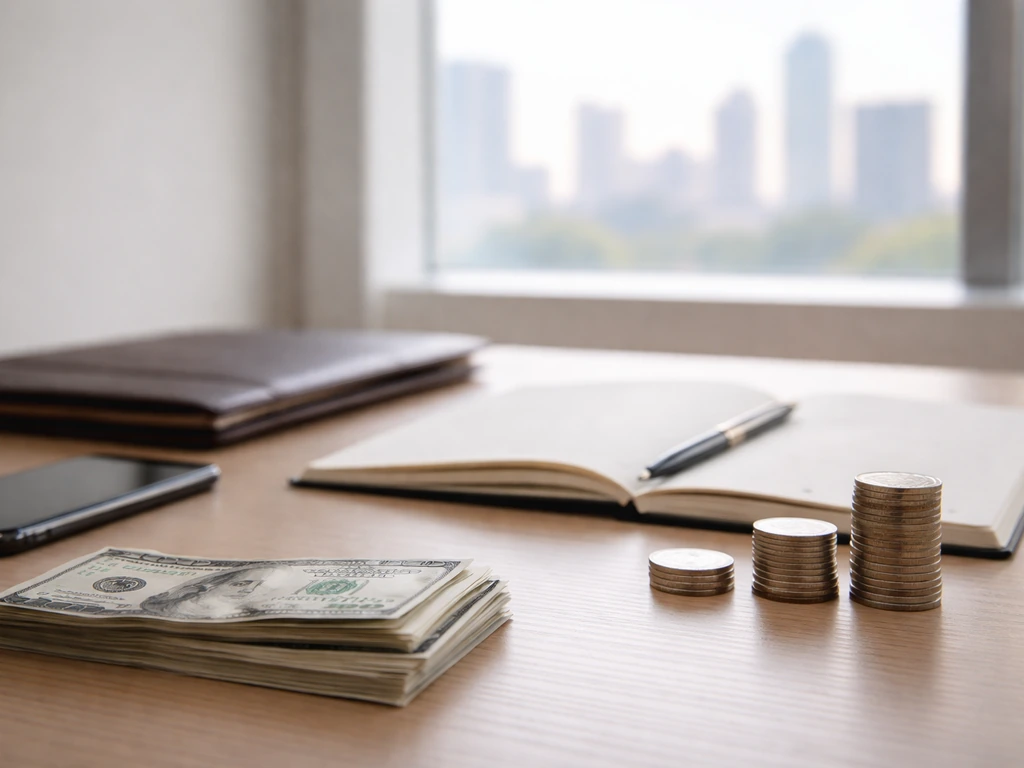 Minimal office desk with cash, notebook, and smartphone near a window, symbolizing financial growth over time.