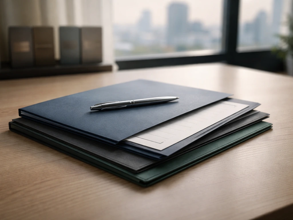 Minimal desk scene with contract folders and a pen, symbolizing showrunner/EP fee arrangements.