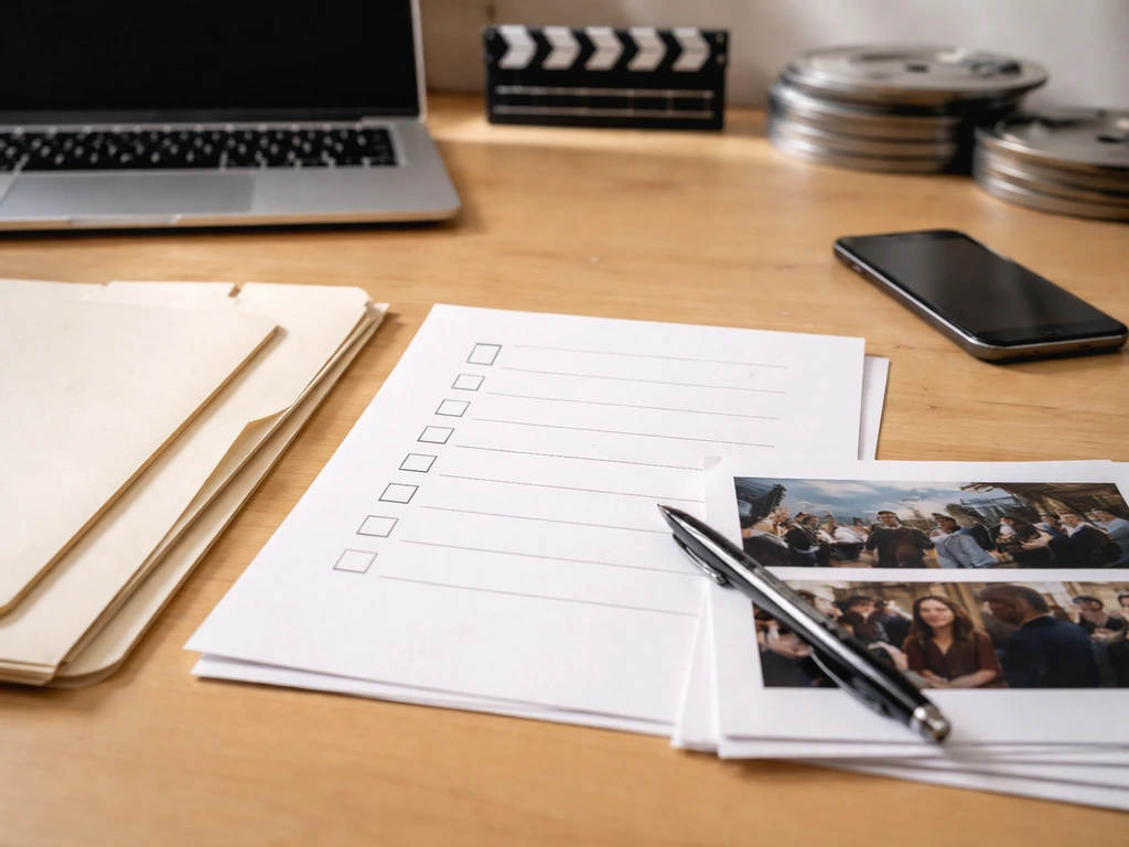 Desk scene with blank checklist pages, laptop, and media-related papers used to verify an estimate.