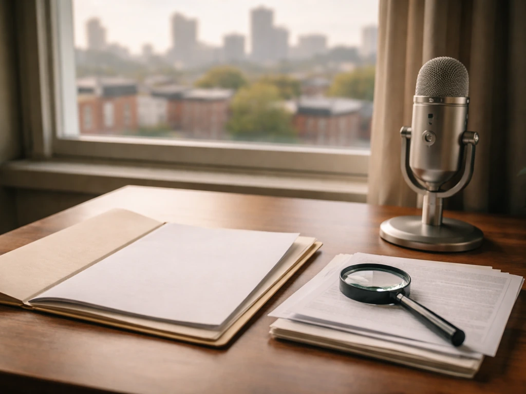 Minimal desk with blank papers and magnifying glass, city window blur suggesting verified net worth research.