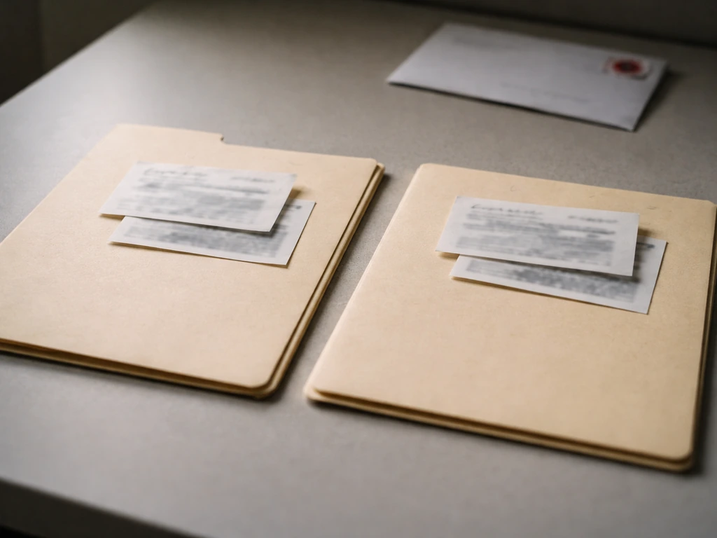 Close-up of two folders with handwritten name variations and a Baltimore-area city hint, no readable text