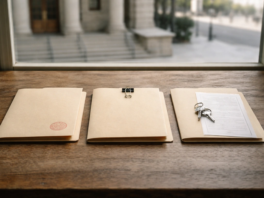 Minimal desk scene with three public-record folders suggesting verified sources for net-worth evidence