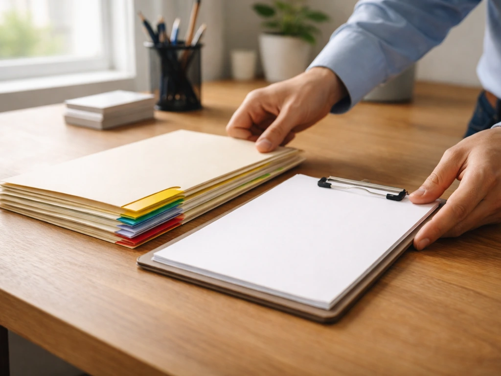 Hands arranging folders and a clipboard with a simple ownership trace theme in a quiet office
